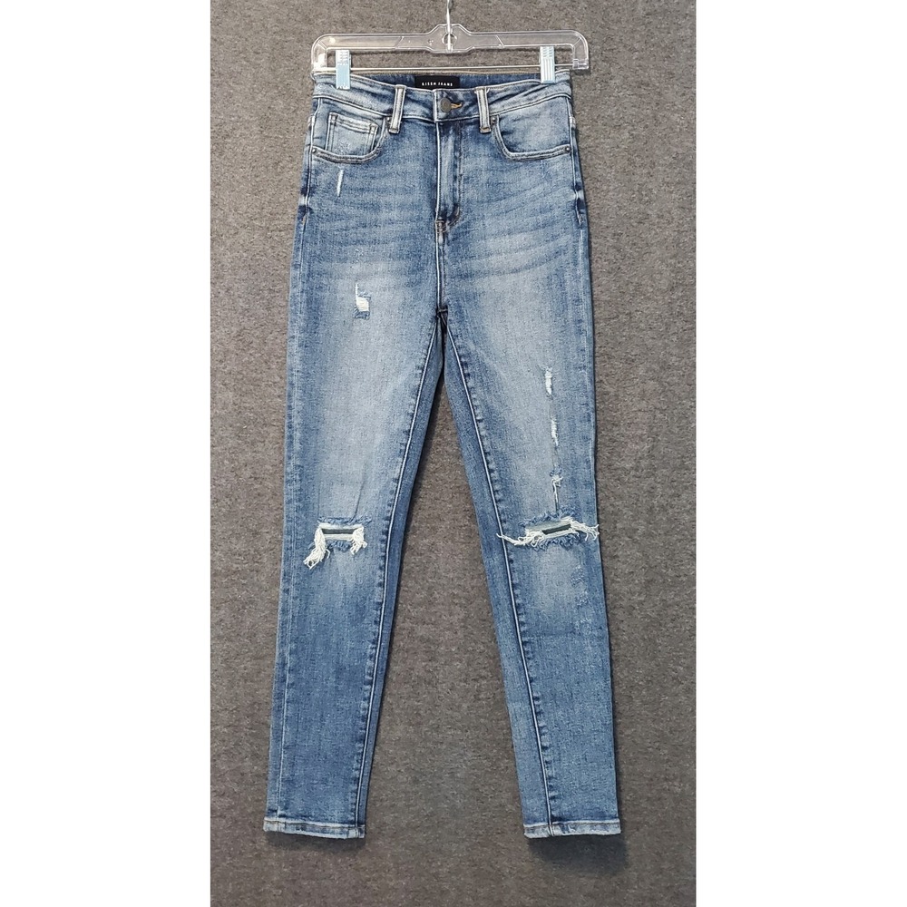 Risen Jeans Womens‎ Size 1/25 (25x28) Blue Distressed Straight Leg Stretch Denim